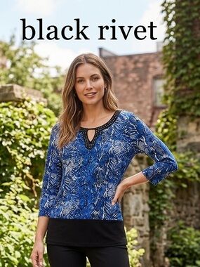 Black Rivet Blue Patterned Beaded Keyhole Knit Top with Black Hem